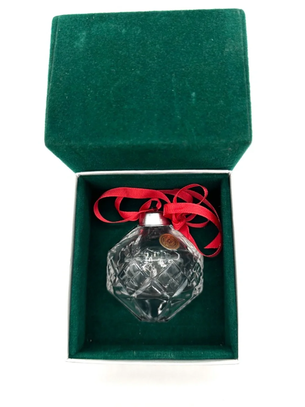 VTG Hand Cut Crystal Czech Republic Christmas Ornament With Original Green box.